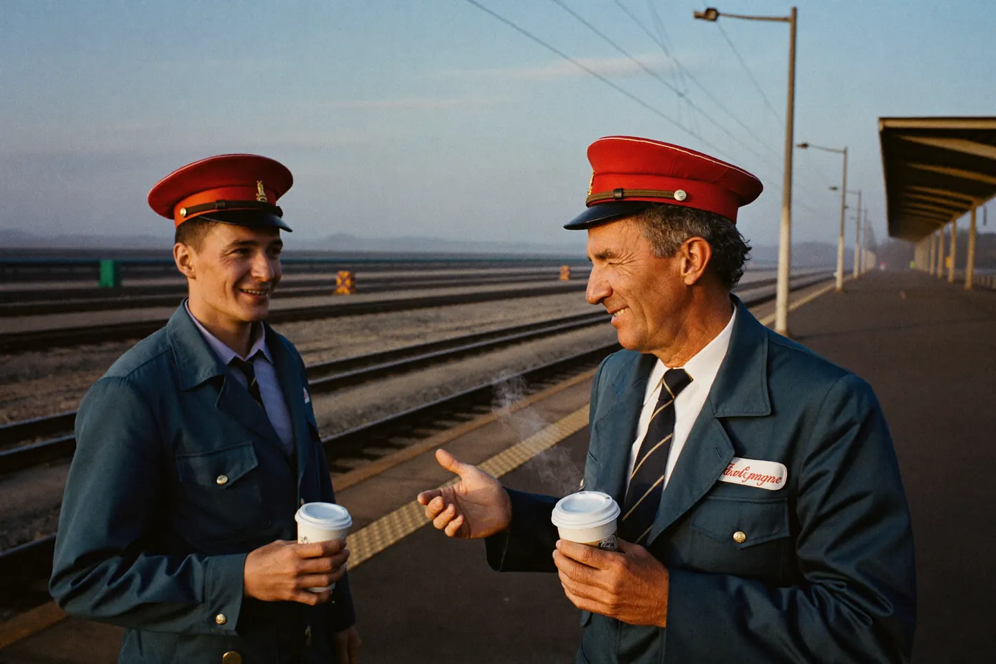 Two uniformed railway conductors stand talking on a platform at dawn holding paper cups of coffee, mid-conversation during a shift handoff.