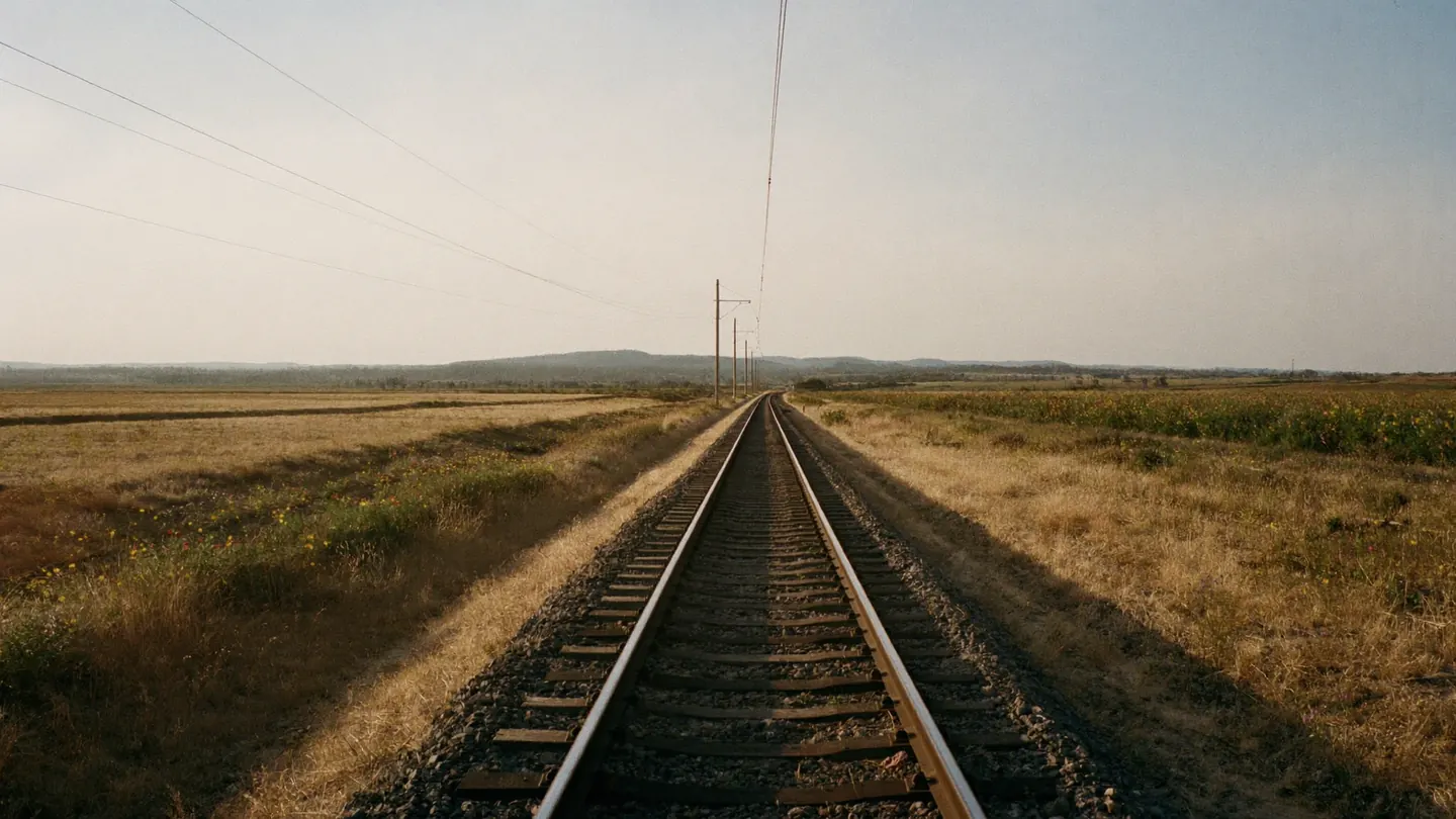 A single-track railway line running dead straight through open farmland under a wide pale sky, telegraph poles receding to the horizon.