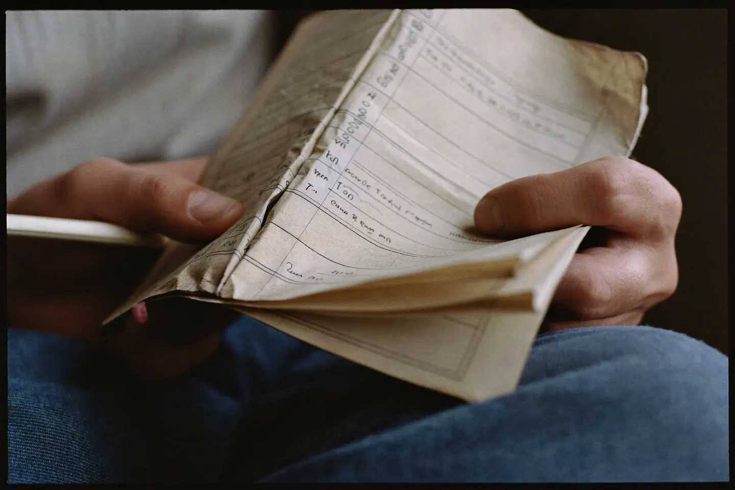 Close view of weathered working hands holding a creased paper timetable annotated in pencil, resting on a denim-clad knee.